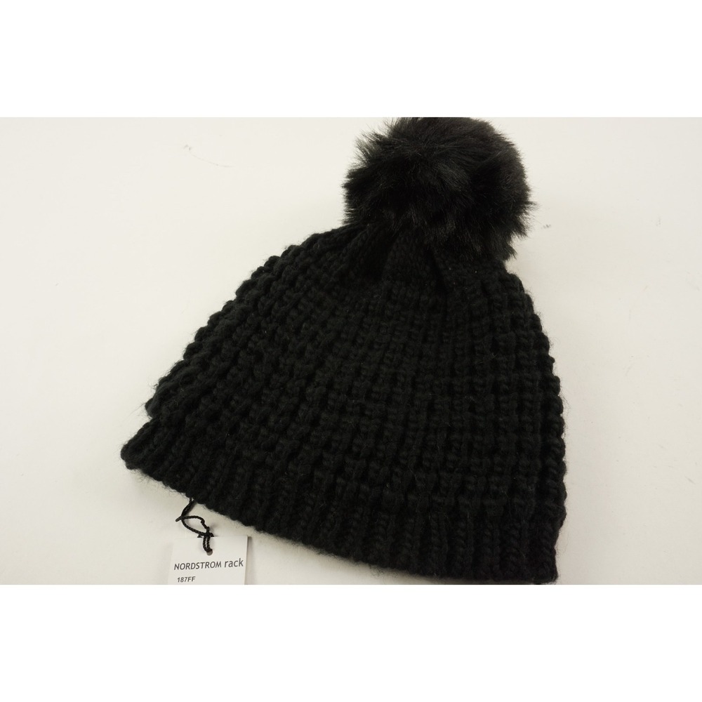 New Kyi Kyi Handmade Chunky Knit Pom Pom Beanie Black Wool Blend One Size